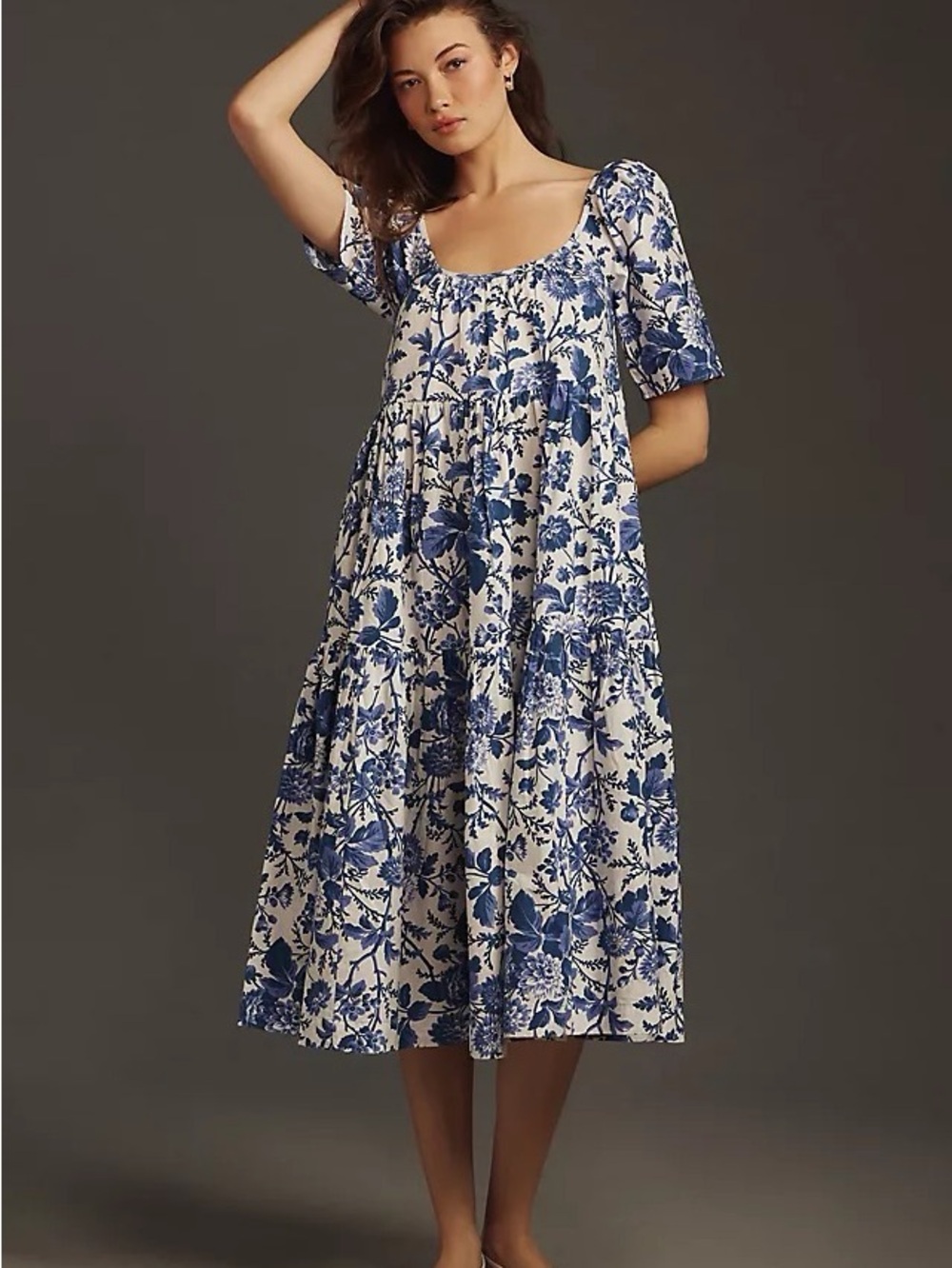 Blue Floral Square-Neck Midi Dress NWT